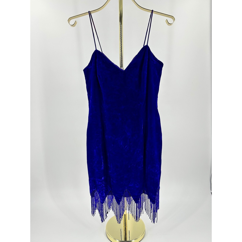 Vintage Zum Zum Royal Blue Velvet Beaded Fringe Mini Dress 90s Party Size 5/6